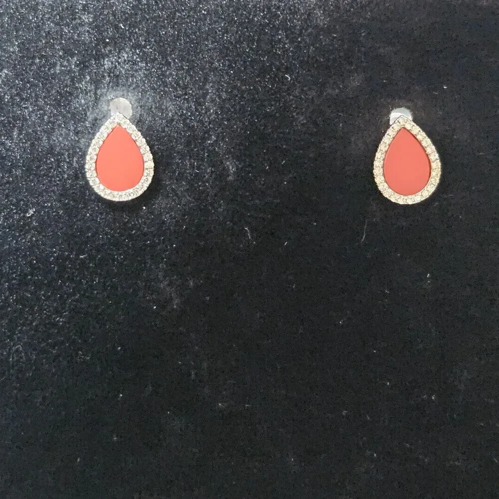 Sterling Silver With Red Teardrop Shaped Rhinestone Accent Dainty Earrings